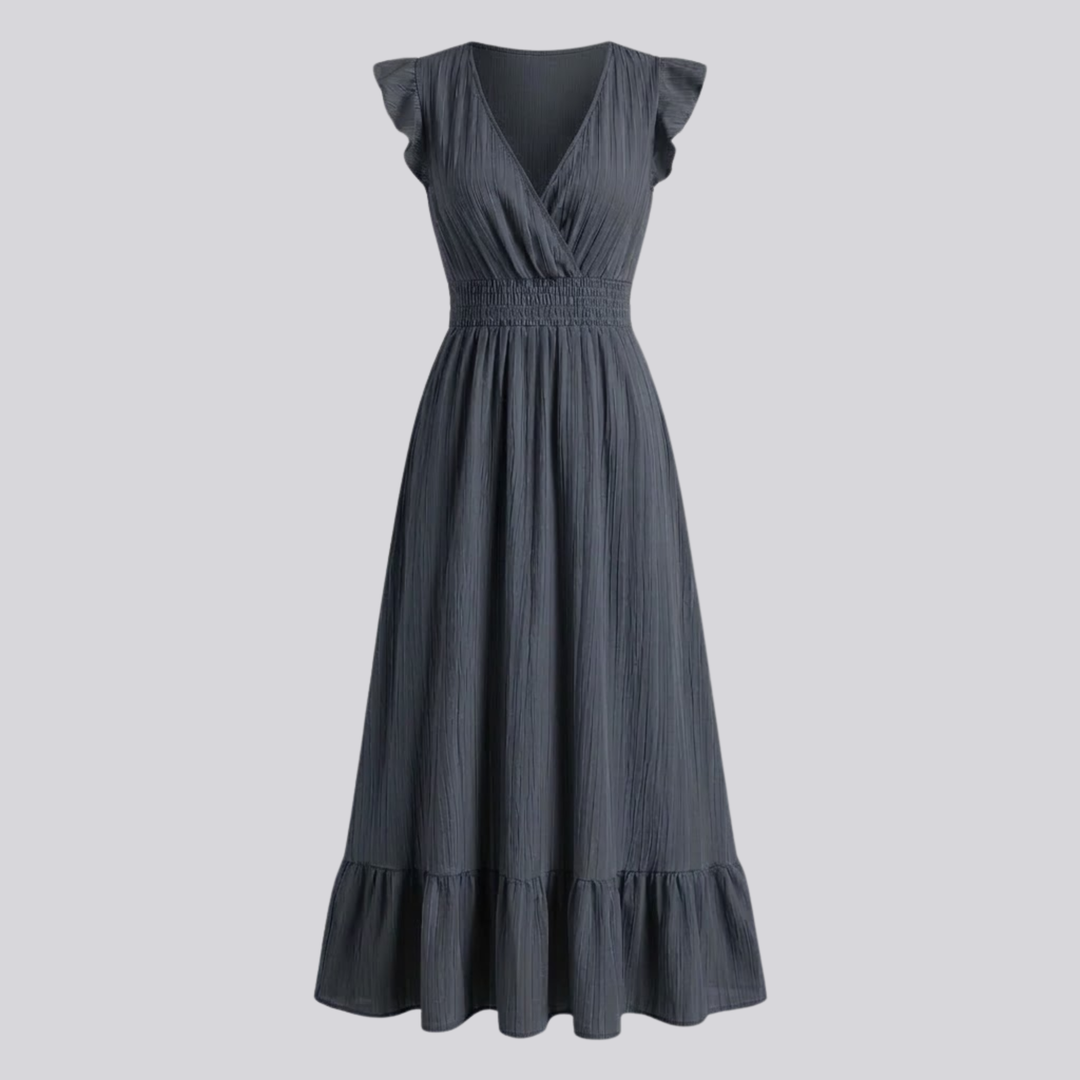 VALERIQUE | Robe longue vert sauge à col cache-cœur et manches courtes volantées pour usage quotidien