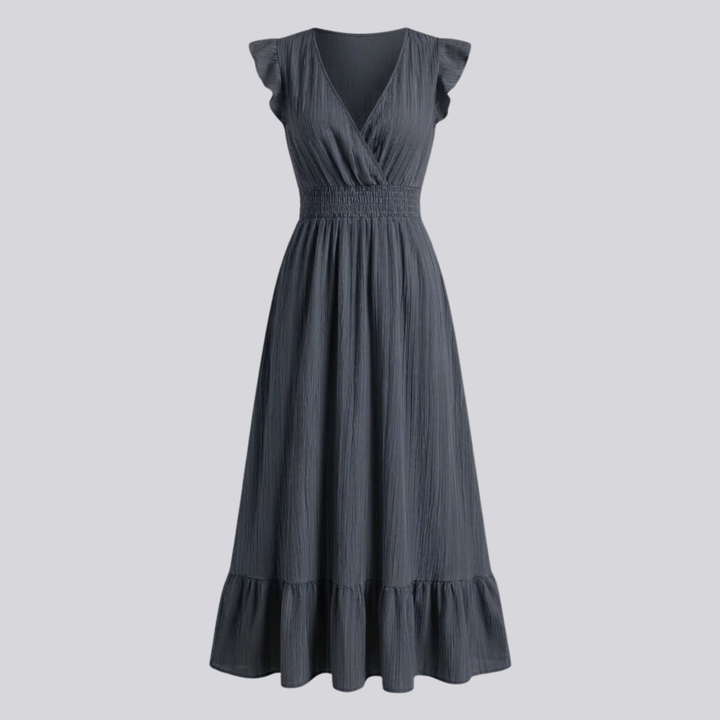 VALERIQUE | Robe longue vert sauge à col cache-cœur et manches courtes volantées pour usage quotidien