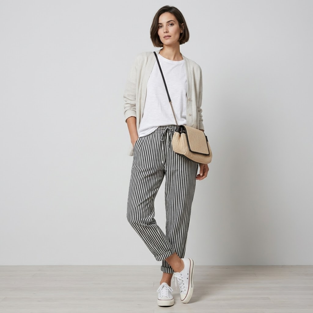 VALERIQUE | Femme pantalon à rayures droit en coton à taille élastiquée avec cordon longueur cheville taille mi-haute