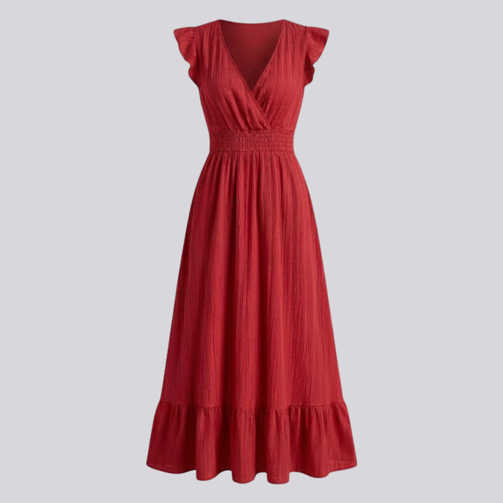VALERIQUE | Robe longue vert sauge à col cache-cœur et manches courtes volantées pour usage quotidien