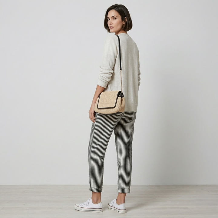 VALERIQUE | Femme pantalon à rayures droit en coton à taille élastiquée avec cordon longueur cheville taille mi-haute