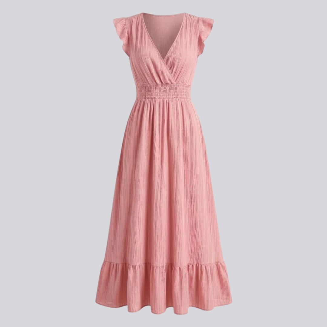 VALERIQUE | Robe longue vert sauge à col cache-cœur et manches courtes volantées pour usage quotidien