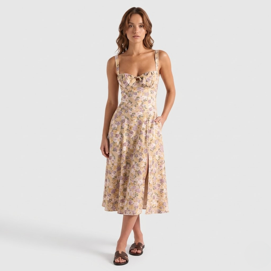 VALERIQUE | Robe midi beige à imprimé floral avec bretelles fines et fente latérale pour usage estival