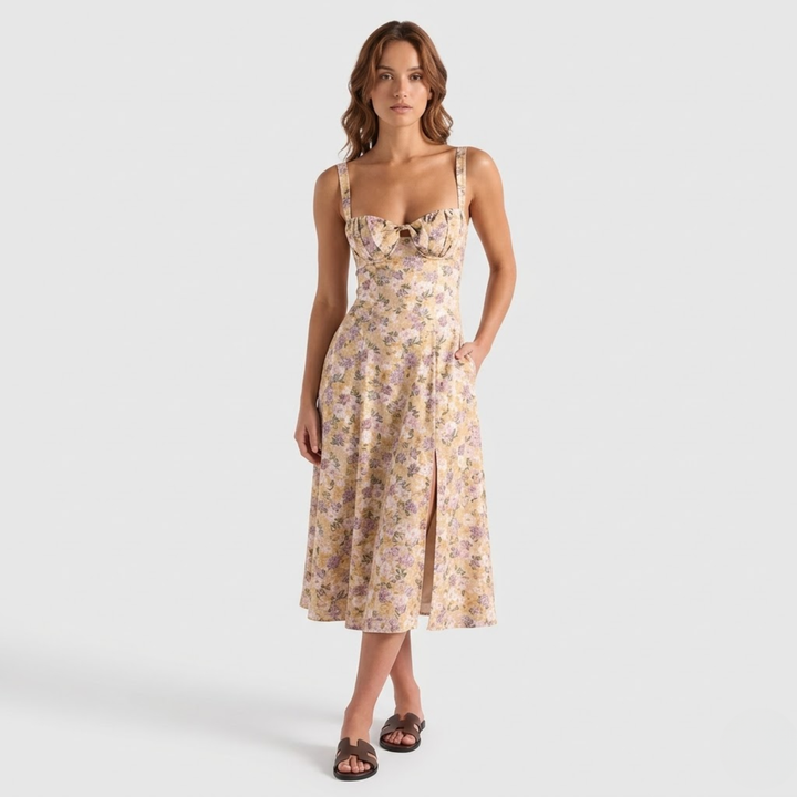 VALERIQUE | Robe midi beige à imprimé floral avec bretelles fines et fente latérale pour usage estival