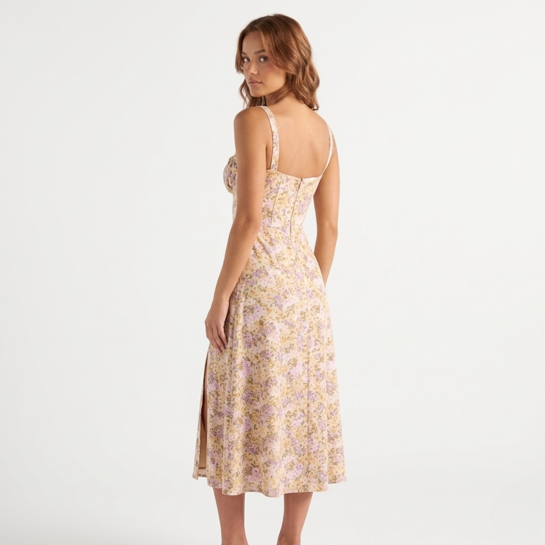 VALERIQUE | Robe midi beige à imprimé floral avec bretelles fines et fente latérale pour usage estival