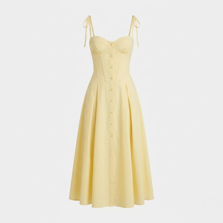 VALERIQUE | Robe midi beige à imprimé floral avec bretelles fines et fente latérale pour usage estival