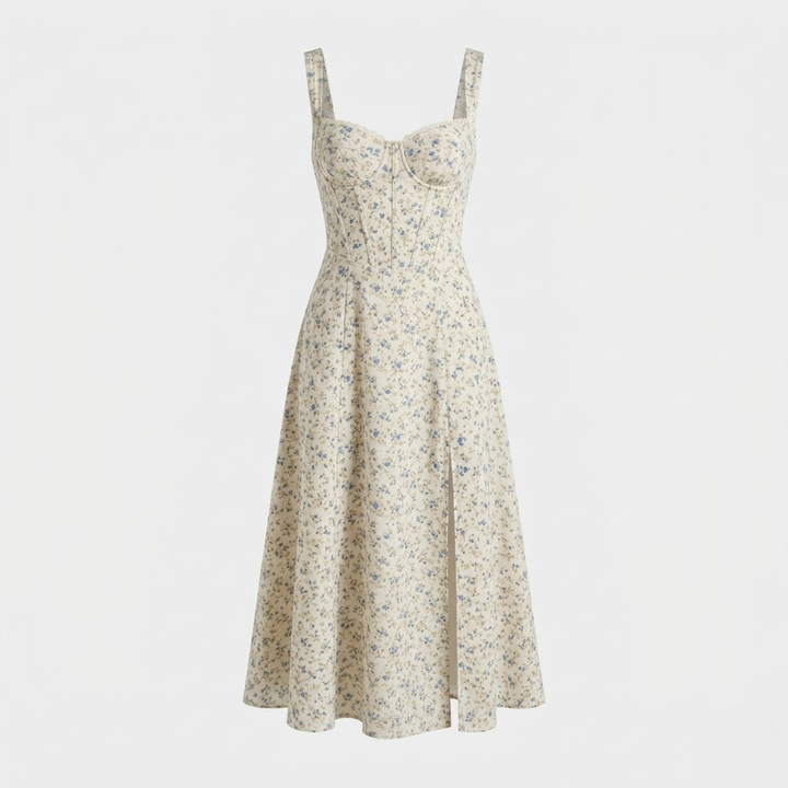 VALERIQUE | Robe midi beige à imprimé floral avec bretelles fines et fente latérale pour usage estival