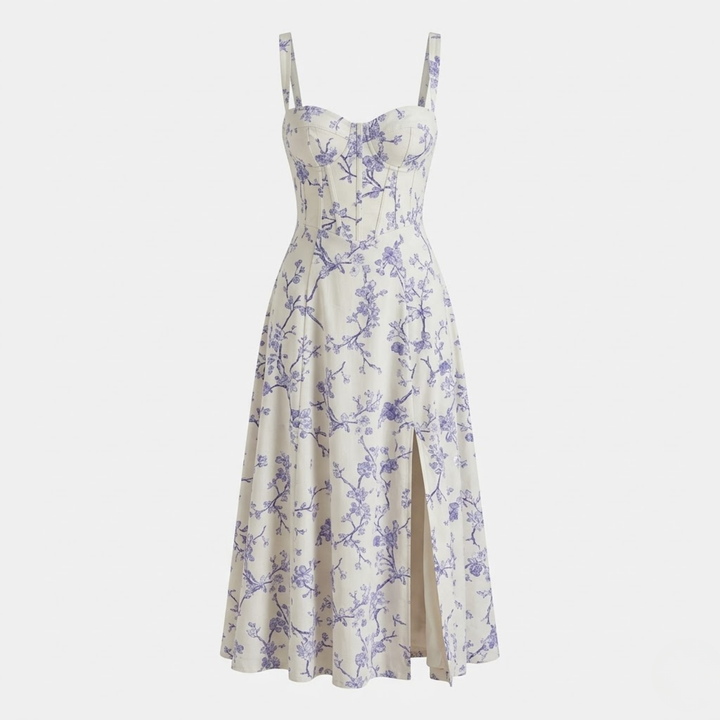 VALERIQUE | Robe midi beige à imprimé floral avec bretelles fines et fente latérale pour usage estival