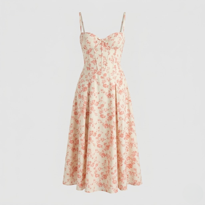 VALERIQUE | Robe midi beige à imprimé floral avec bretelles fines et fente latérale pour usage estival