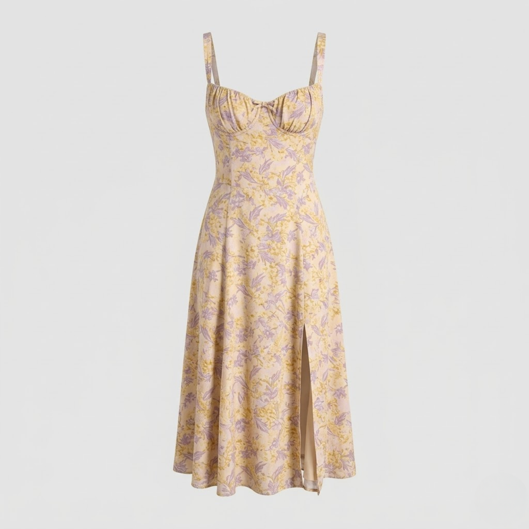 VALERIQUE | Robe midi beige à imprimé floral avec bretelles fines et fente latérale pour usage estival