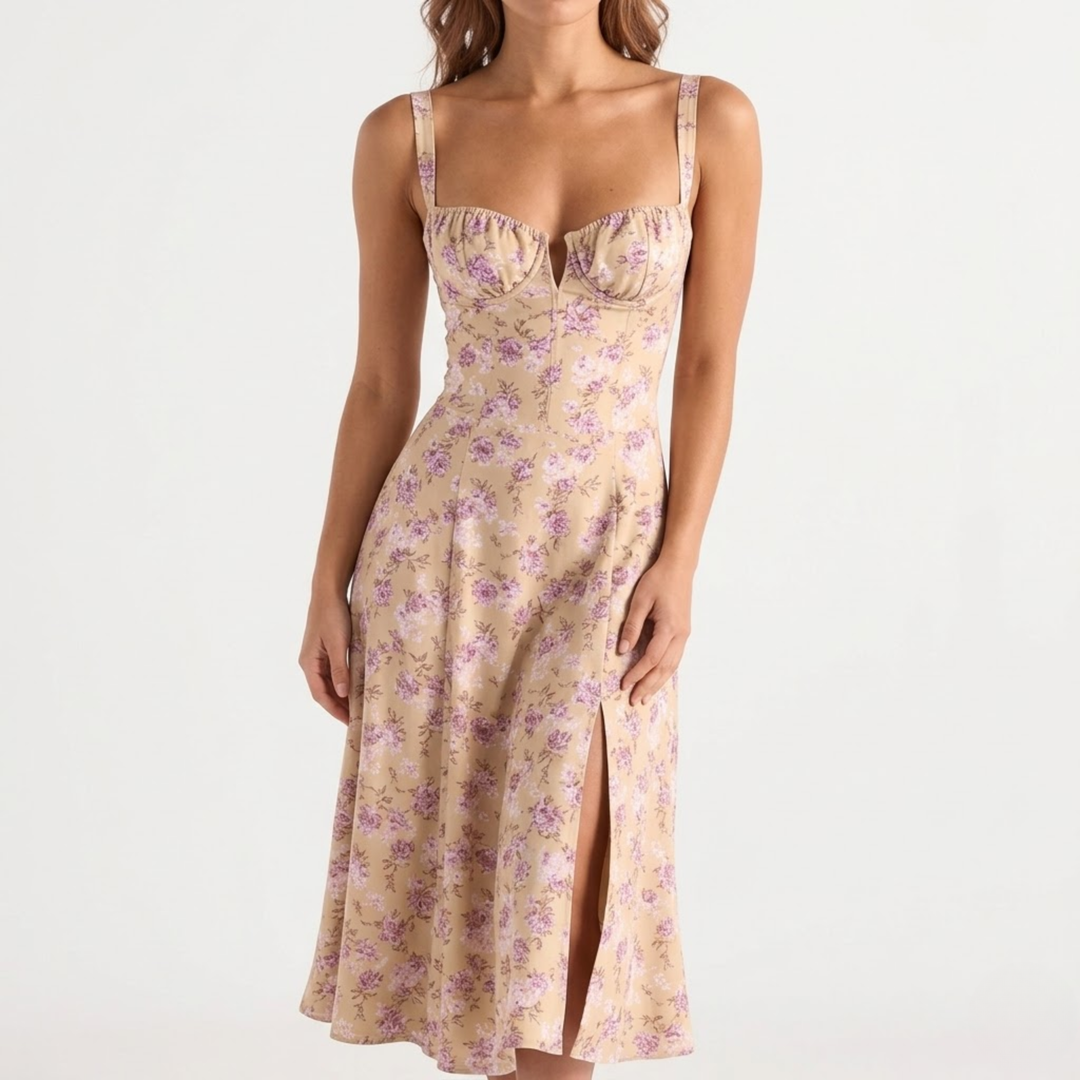 VALERIQUE | Robe midi beige à imprimé floral avec bretelles fines et fente latérale pour usage estival
