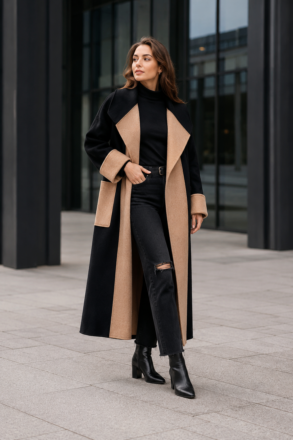 VALERIQUE | Manteau droit pour femme – Modèle long avec empiècements contrastants