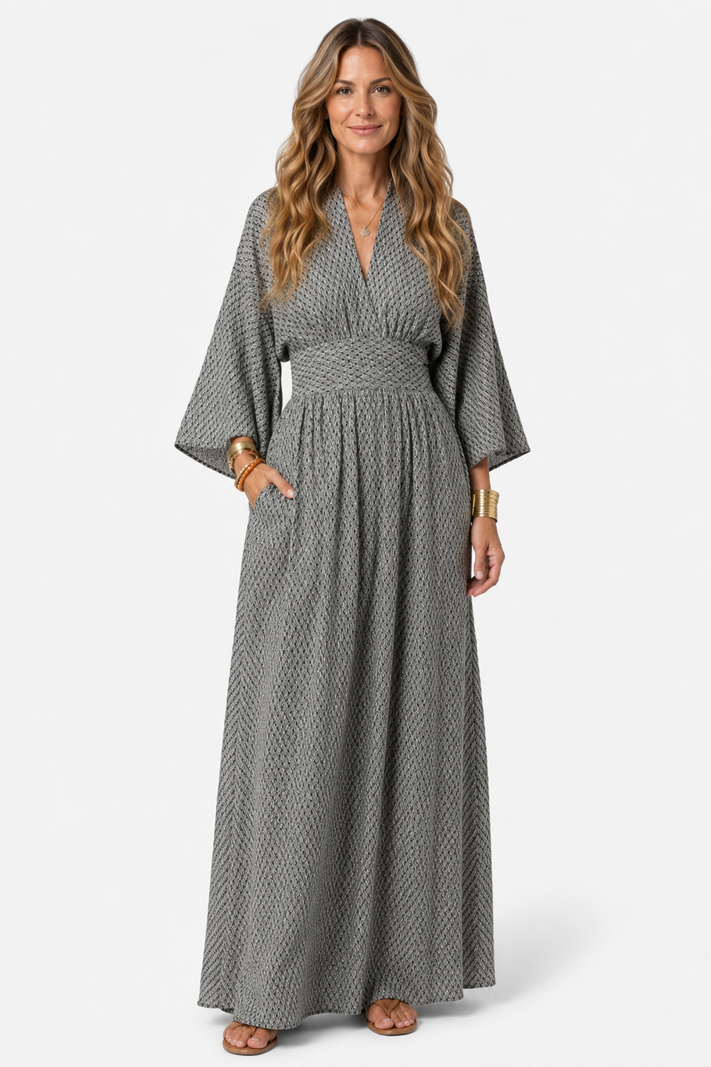 VALERIQUE | Robe Longue en Coton Léger Texturé pour Femme – Manches Amples