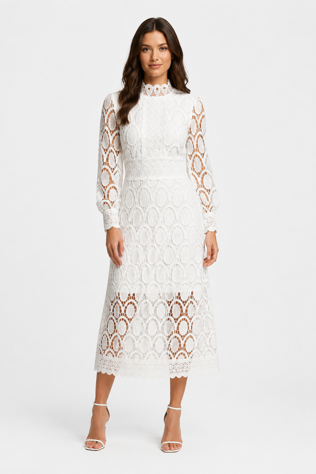 VALERIQUE | Robe Midi en Dentelle pour Femme – Col Haut et Manches Longues